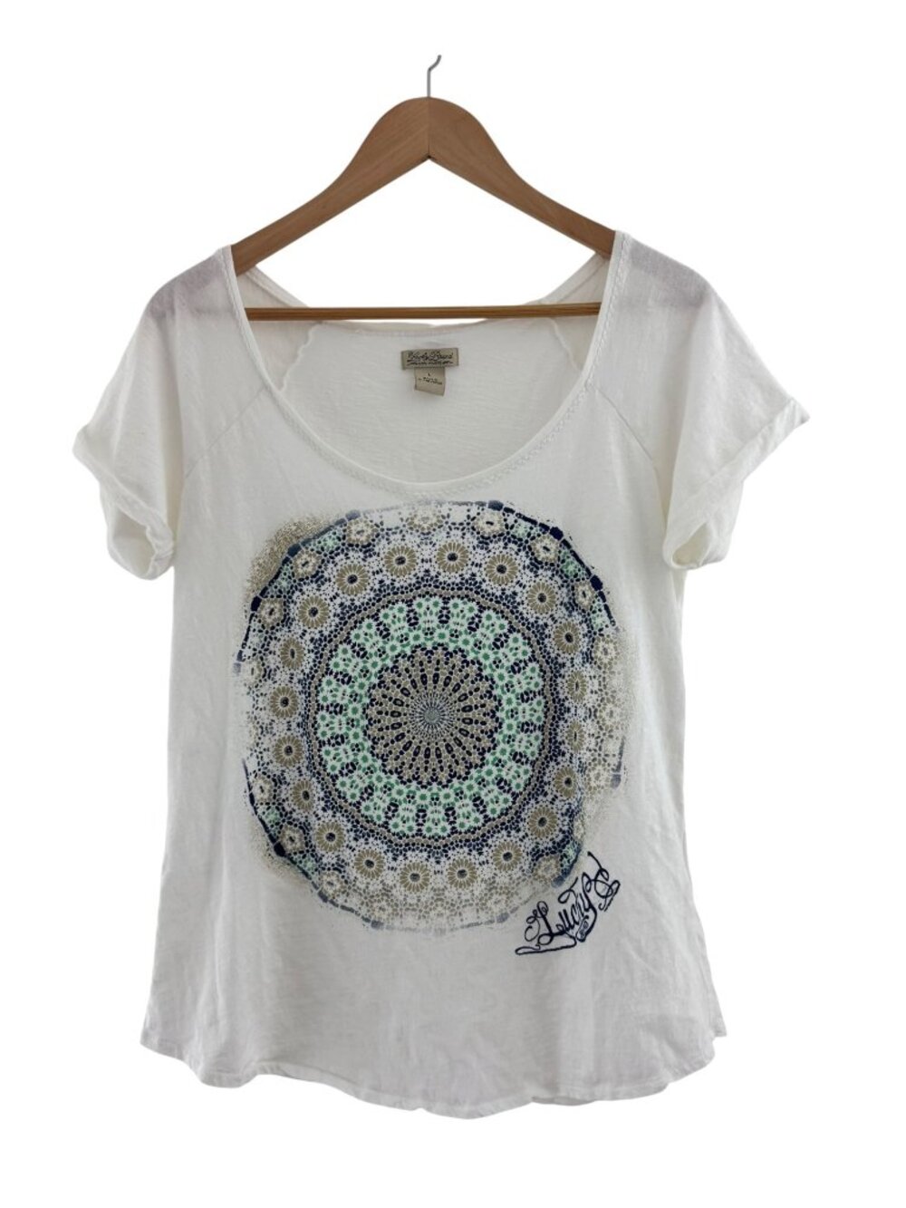 Lucky Brand White Medallion Mosaic Graphic Print Tee T-Shirt Top Womens Size L